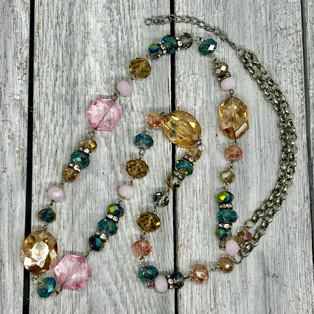 311. 36” Elegant Multicolor Pastels & Blue Crystal Necklace